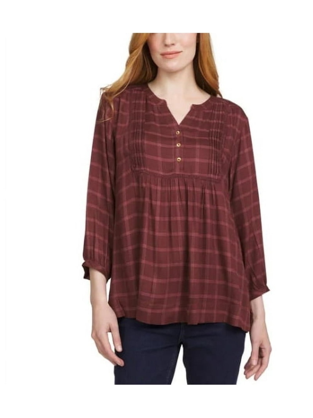 Wrangler Burgundy Plaid Peasant Tunic Top